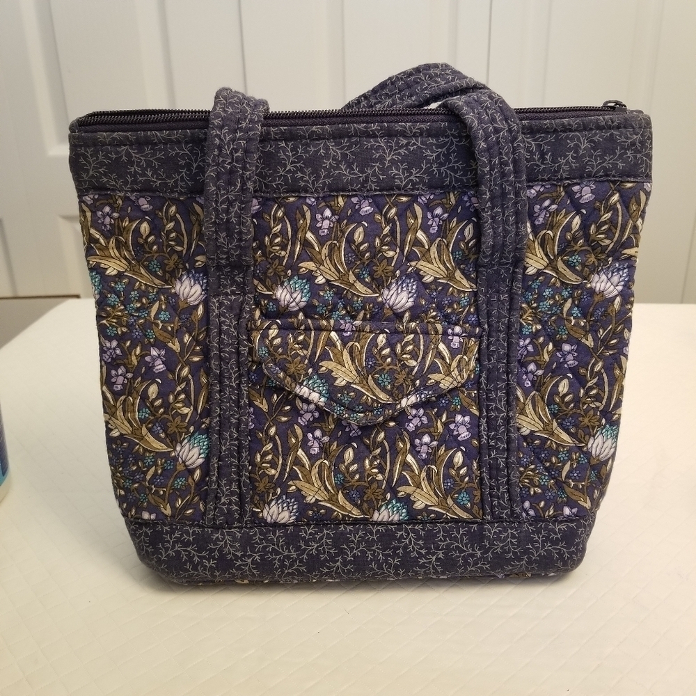Blue Floral Quilted Purse 2 Small Pockets Outside Organizer Inside 10 X 10 X 3.5